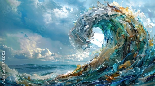 Abstract artwork of swirling ocean waves made from recycled plastic materials, raising awareness about ocean pollution and recycling initiatives.