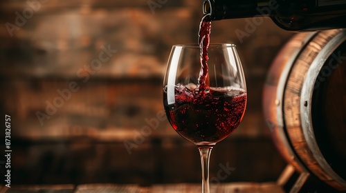 A glass of red wine is poured from a bottle into a glass. A wooden barrel is in the background.