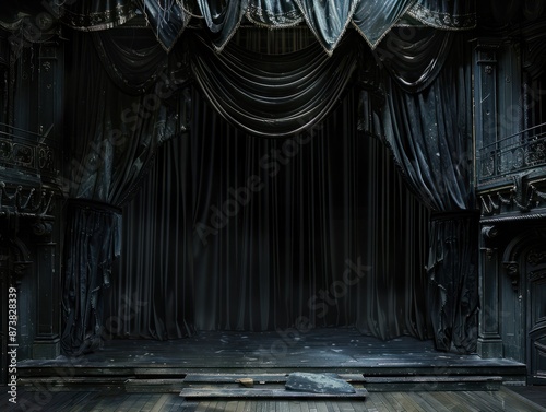 Grimdark stage curtains, downstage and main valance of theatre