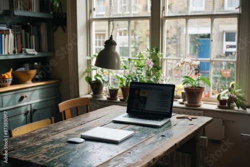 A laptop computer resting on a wooden table in an empty kitchen, An empty kitchen table transformed into a temporary office