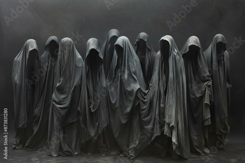 Enigmatic silhouettes of figures draped in dark cloaks stand against a misty background