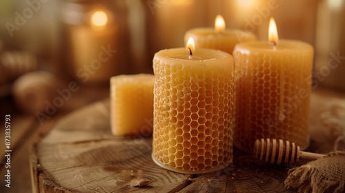 Beautifully hand-crafted beeswax candles arranged elegantly on rustic wooden table