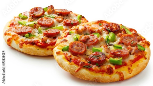 Mini pizza with sausage and green peppers, isolated on a white background