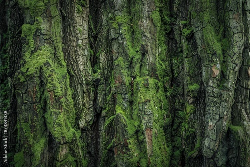 Tree bark covered in vibrant green moss, creating a mossy texture on the trunk, Ancient, towering tree trunks covered in moss