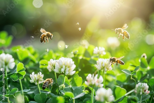 A swarm of bees flying around a cluster of white flowers in a field, Bees buzzing around a field of blooming clover