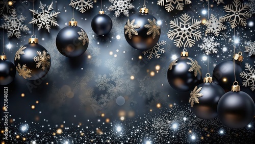 Christmas background with black balls, snowflakes, and sparkles on a dark background, Christmas, background, balls, snowflakes, sparkles, black, holiday, festive, decorations, winter