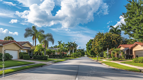 Cozy single-family homes line a quiet cul-de-sac in a picturesque suburb of Sarasota, Florida.