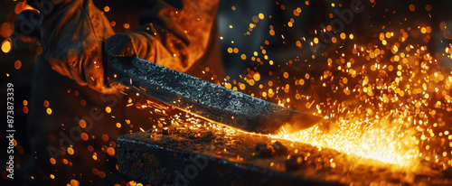 Blacksmith forging a sword in the fire of his smithy before putting it on the anvil. With copy space