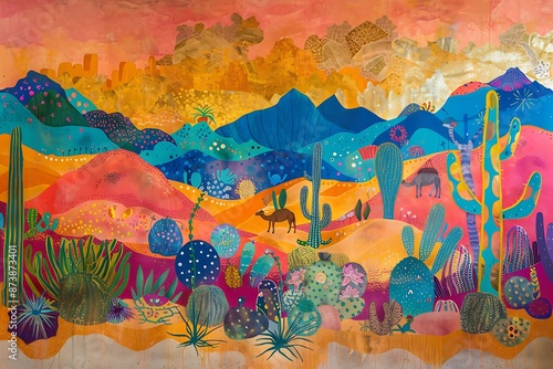 A vibrant mural of a desert scene with cacti, sand dunes, and camels.