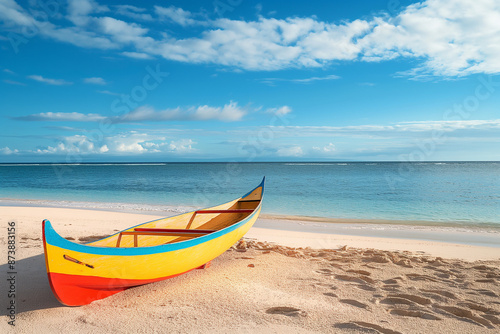 Colorful outrigger canoe boat on the sand with ocean in the background. Concept of beach culture and adventure