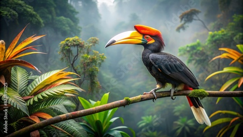 Majestic rhinoceros hornbill with vibrant orange beak perched amidst misty darkness of ancient tropic forest in Kinabatangan Borneo Malaysia habitat.