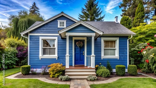 Exterior of small American house with blue paint