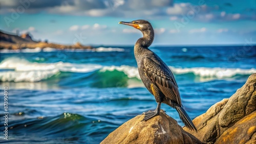 Long-necked Brandt's cormorant perched on a rock near the ocean shore , wildlife, bird, nature, marine, coastal