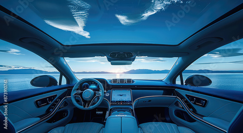 Inside luxury car interior, panoramic sunroof, dark blue sky. Generative AI.