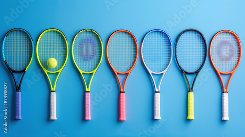 Tennis equipment sets in a variety of colors, offering rackets in a variety of designs, available for rent or purchase, showcasing high-quality sports equipment for professionals and amateurs.