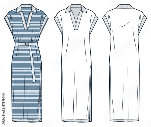 Shirt Dress technical fashion illustration, stripe design. Jersey midi Dress fashion technical drawing template, side slit, polo collar, belt, rib, front, back view, white, blue, women CAD mockup set