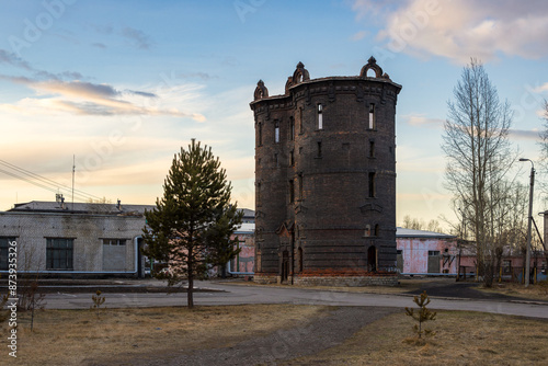 Old brick water tower. Zima city, Irkutsk region, Siberia, Russia. The water tower in the city of Zima was built in 1895. Historical landmark