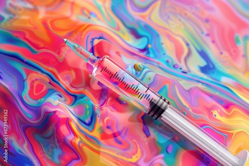 A syringe is sitting on a colorful background