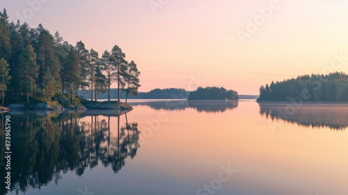 Tranquil finnish lake glowing in the serene beauty of a summer sunset, captured in scenic view