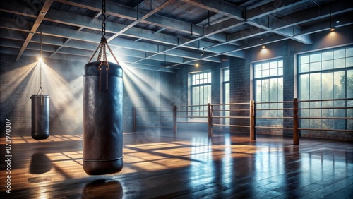 Empty boxing gym with punching bag and mirror, spotlight shines on the floor, conveying a sense of intense training atmosphere.