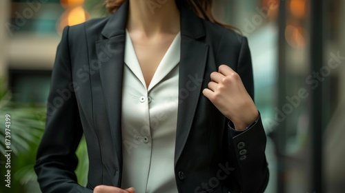 Detailed view of woman in business attire, focusing on clothing details, high quality image