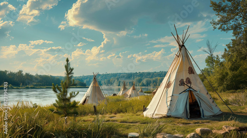 Indian native american village with teepee tents 