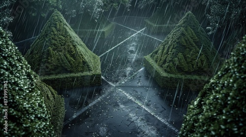 A stunning aerial shot of a garden with triangular hedges and paths that appear almost silver as rain falls upon them, beautifully contrasting with the dark, wet earth.