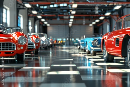 Exquisite display of vintage cars in a luxurious showroom with a classic checkered pattern floor, showcasing a rare and polished collection of iconic automobiles in pristine condition