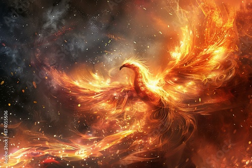 Artistic depiction of a mythical phoenix rebirth among vibrant cosmic embers