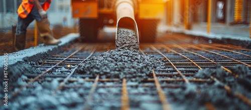 Fresh concrete being poured on a construction site with reinforced steel mesh, captured during sunset with workers in the background.