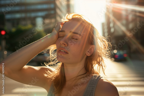 Young woman suffering from extremely high temperature, heat stroke and dehydration on a street of a city. Heat waves, global warming and climate change concept.