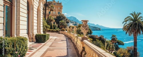 Stunning view of Monaco coastline with luxurious architecture and vibrant blue sea. Free copy space for text.