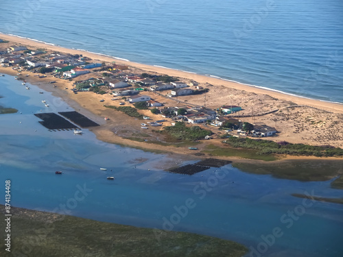 Aerial view of Faro peninsula named Isle of Faro or ilha de Faro at the Algarve coast of Portugal