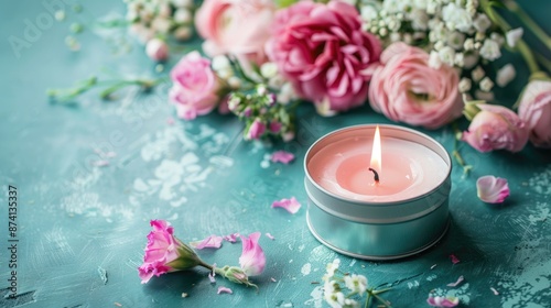 Scented votive candle in tin holder surrounded by flowers on teal table background with window light space