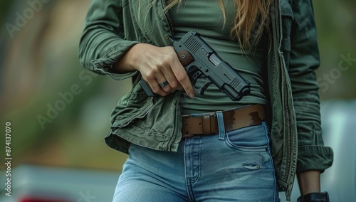 Close-Up of Woman Holding Concealed Gun