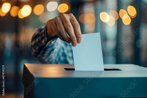 A close-up image of a person casting their vote by placing a ballot into a ballot box. The scene is set against a blurred background with warm, glowing lights.