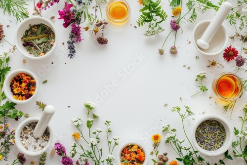 Herbal Blends: Mortar and Pestles with Fresh Plants and Floral Oils on White Background