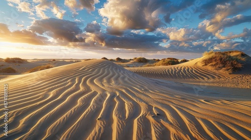 Wind-sculpted sand dunes, perfect ripples at golden hour. Fujifilm GFX 100S with 32-64mm f/4 lens, circular polarizer. Dramatic cloudscape. 