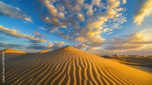 Wind-sculpted sand dunes, perfect ripples at golden hour. Fujifilm GFX 100S with 32-64mm f/4 lens, circular polarizer. Dramatic cloudscape 