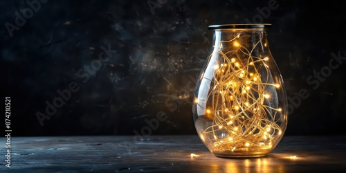 Vase with fairy lights inside on black background seen from above abstract texture , vase