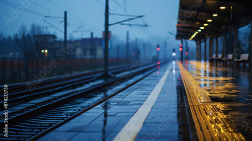 雨の日の無人の電車のプラットフォーム。