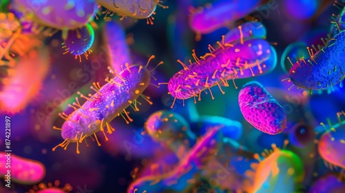 A close-up view of various bacteria, illuminated in vibrant colors, captured under a microscope.