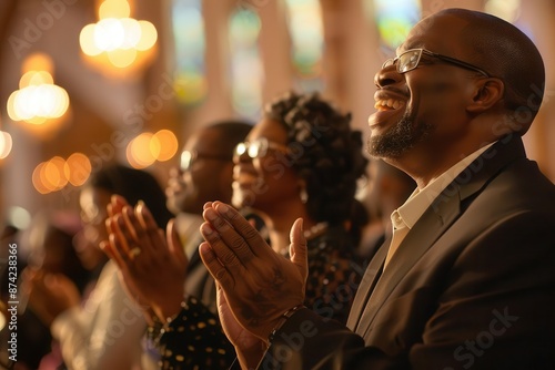 joyous congregation of african americans in a beautifully lit church their faces beaming with happiness as they applaud in unison celebrating faith and community