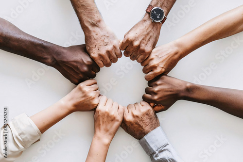 Diverse hands joined together in a circle of unity and support, group of hands holding hands