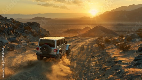 2023 jeep wrangler, silver exterior,There are faint urban buildings in the distance,sunset, view to desert,action scene,cinematic shot, commercial photography, canon eos r5 