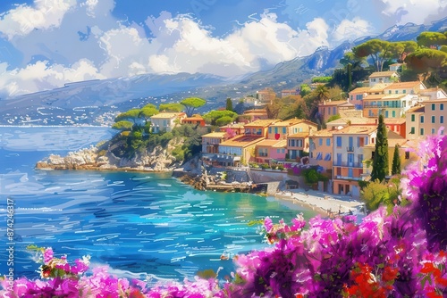 picturesque coastal town landscape with colorful azalea flowers in full bloom french riviera scenery digital painting