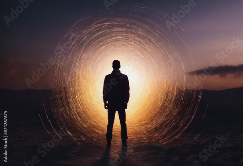 Silhouette of a man walking in a tunnel with light at the end. The path of the soul after death