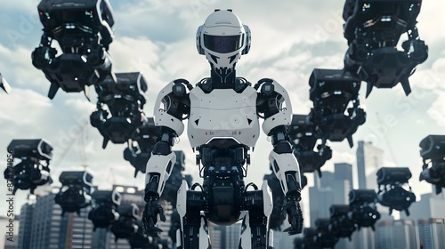 Towering commander presiding over a disciplined formation of sleek black hovering sentinels exemplifying a future where steel and shadow coexist in a moody retro futuristic urban sprawl
