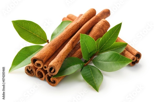 Ceylon cinnamon sticks and fresh cinnamon leaves isolated on white cinnamon