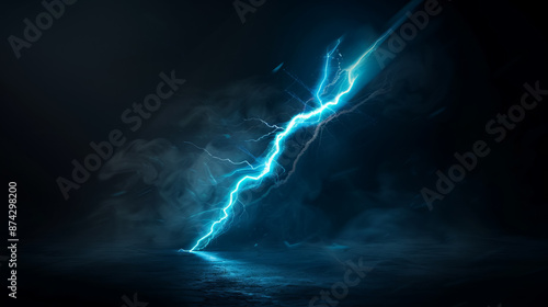 Dramatic blue lightning bolt striking through dark stormy clouds, capturing the raw power and intensity of nature's electric force.